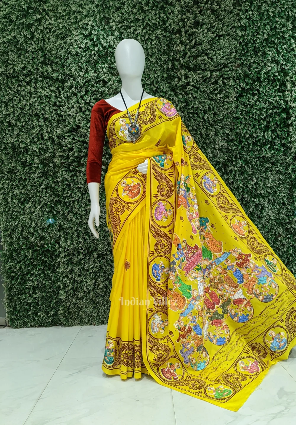 Yellow Kandarpa Rath Hand-painted Pattachitra Saree