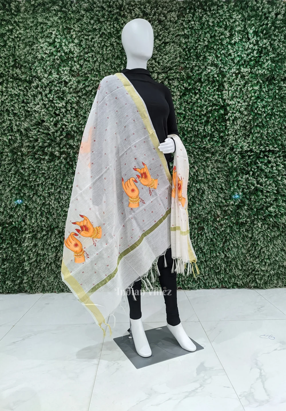 White Mudra Theme Patachitra Chanderi Dupatta