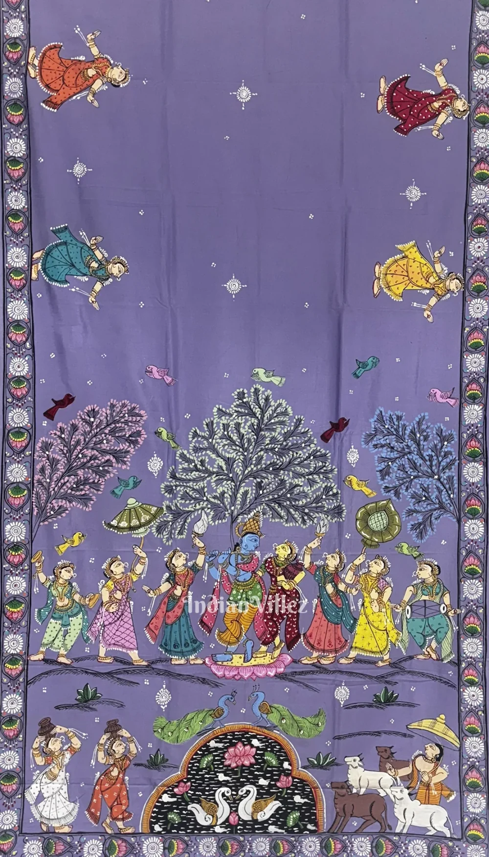 Lavender Radha Krishna Rasleela Hand-Painted Pattachitra Saree