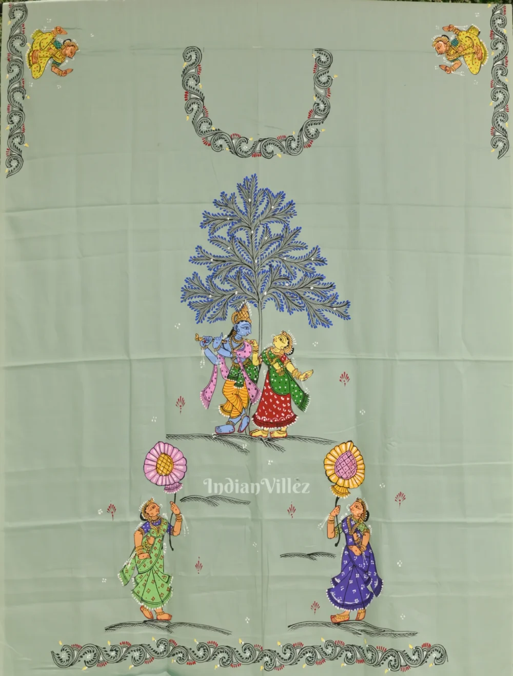 Pista Green Krishna Rasa Leela Theme Pattachitra Kurti Dress Material