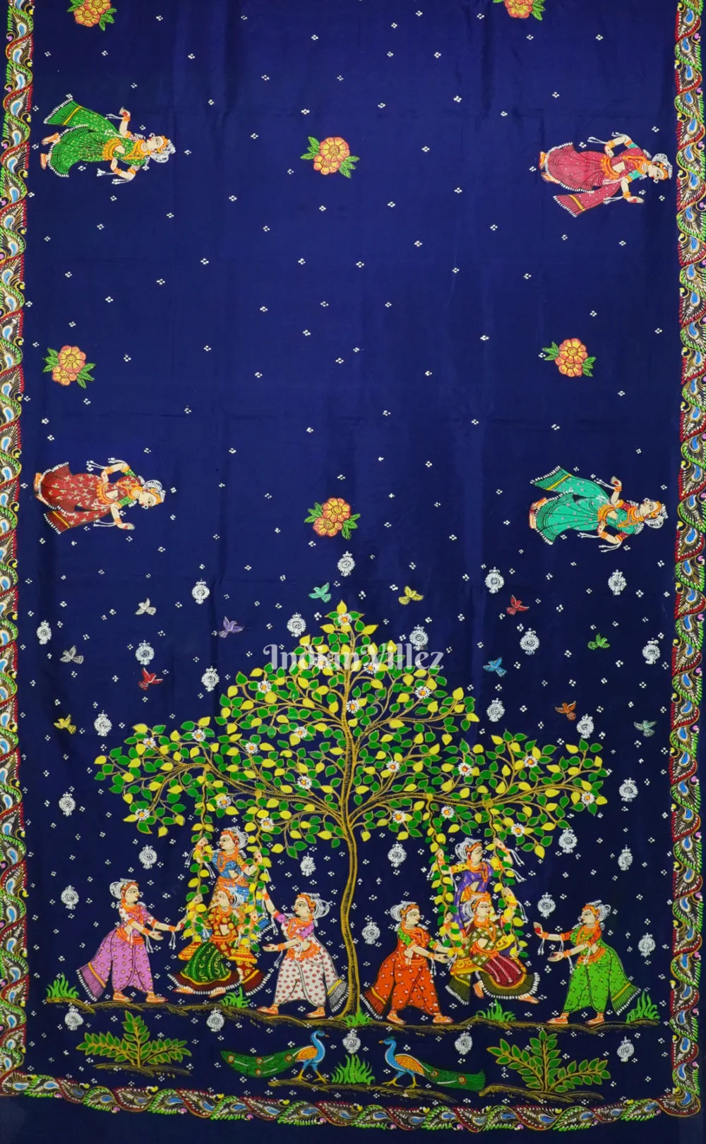 Blue With Green Raja Theme Hand-Painted Pattachitra Saree