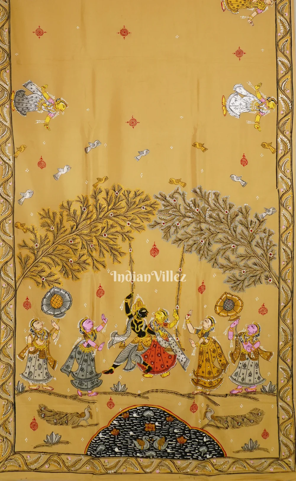 Honey Gold Krishna Rasleela Hand-Painted Pattachitra Saree