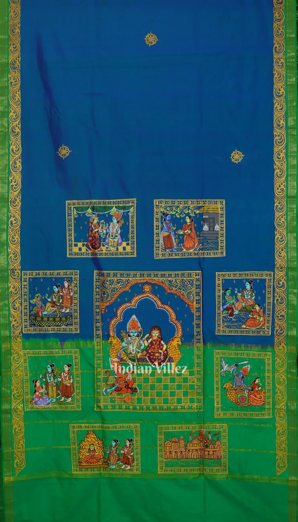 Blue Green Ramayan Theme Hand-Painted Pattachitra Saree