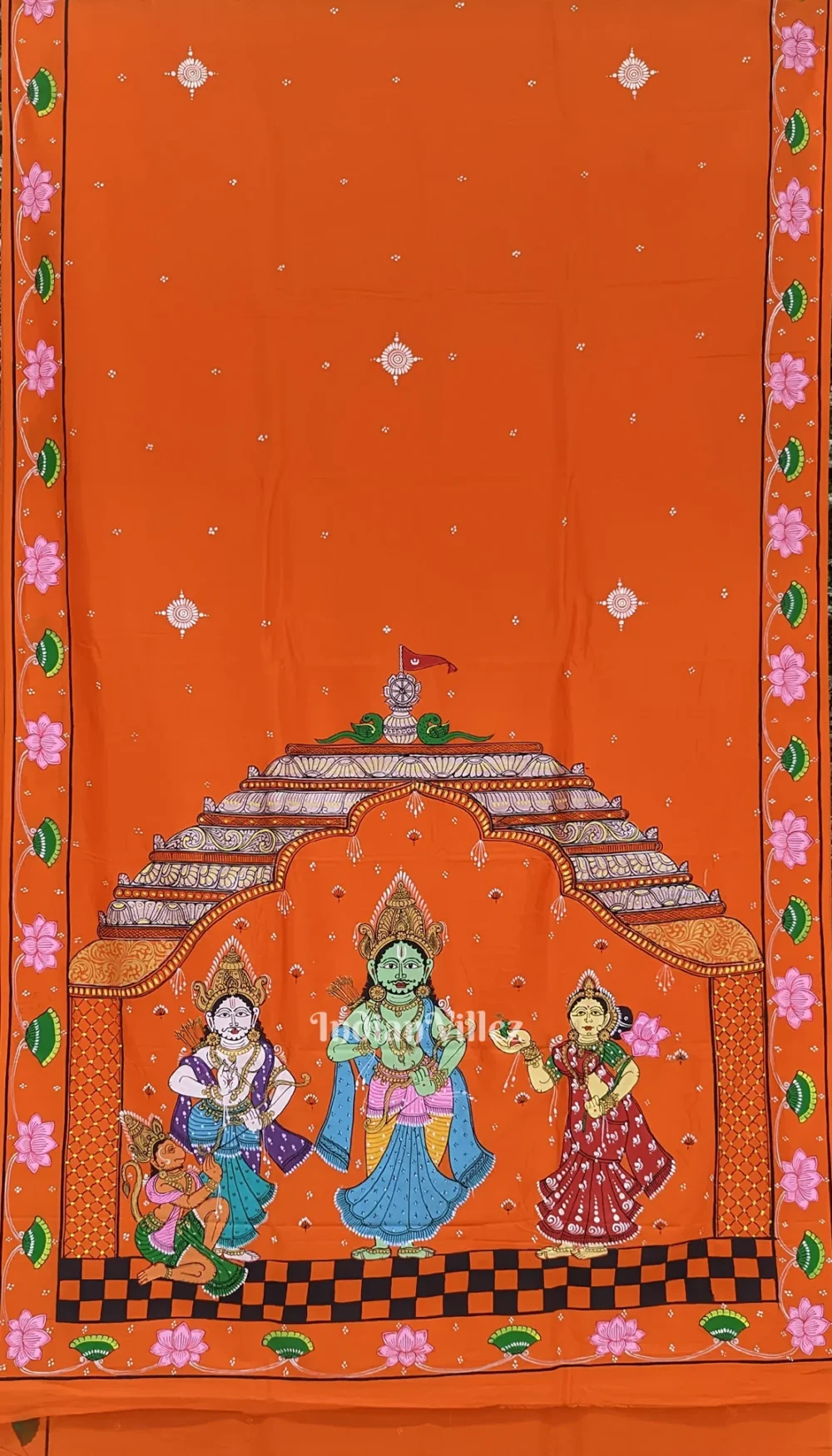 Orange Ramayana Theme Hand-Painted Pattachitra Saree