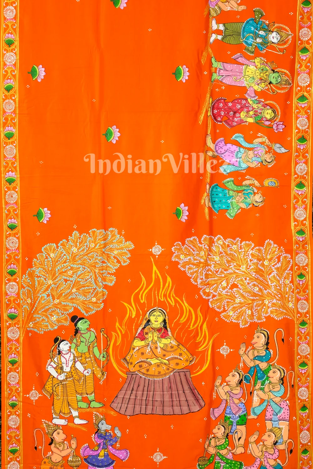 Orange Ramayan Theme Sita Agni Pariksya Pattachitra Saree