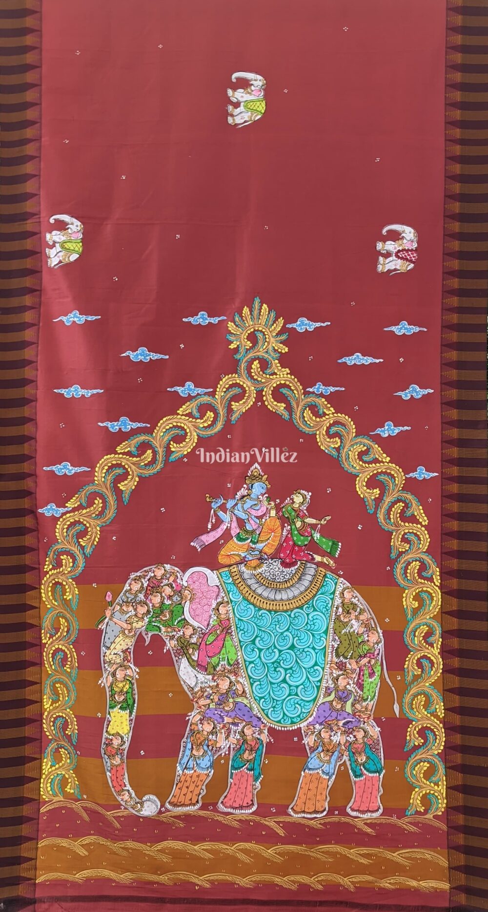 Brick Red Kandarpa Hati (Elephant) Hand-Painted Pattachitra Saree