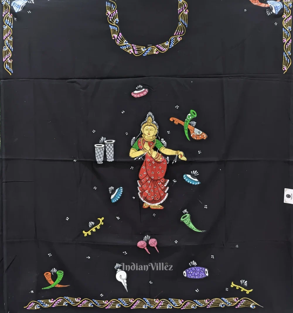 Black Nartaki Musical Theme Pattachitra Kurti Cotton Dress Material