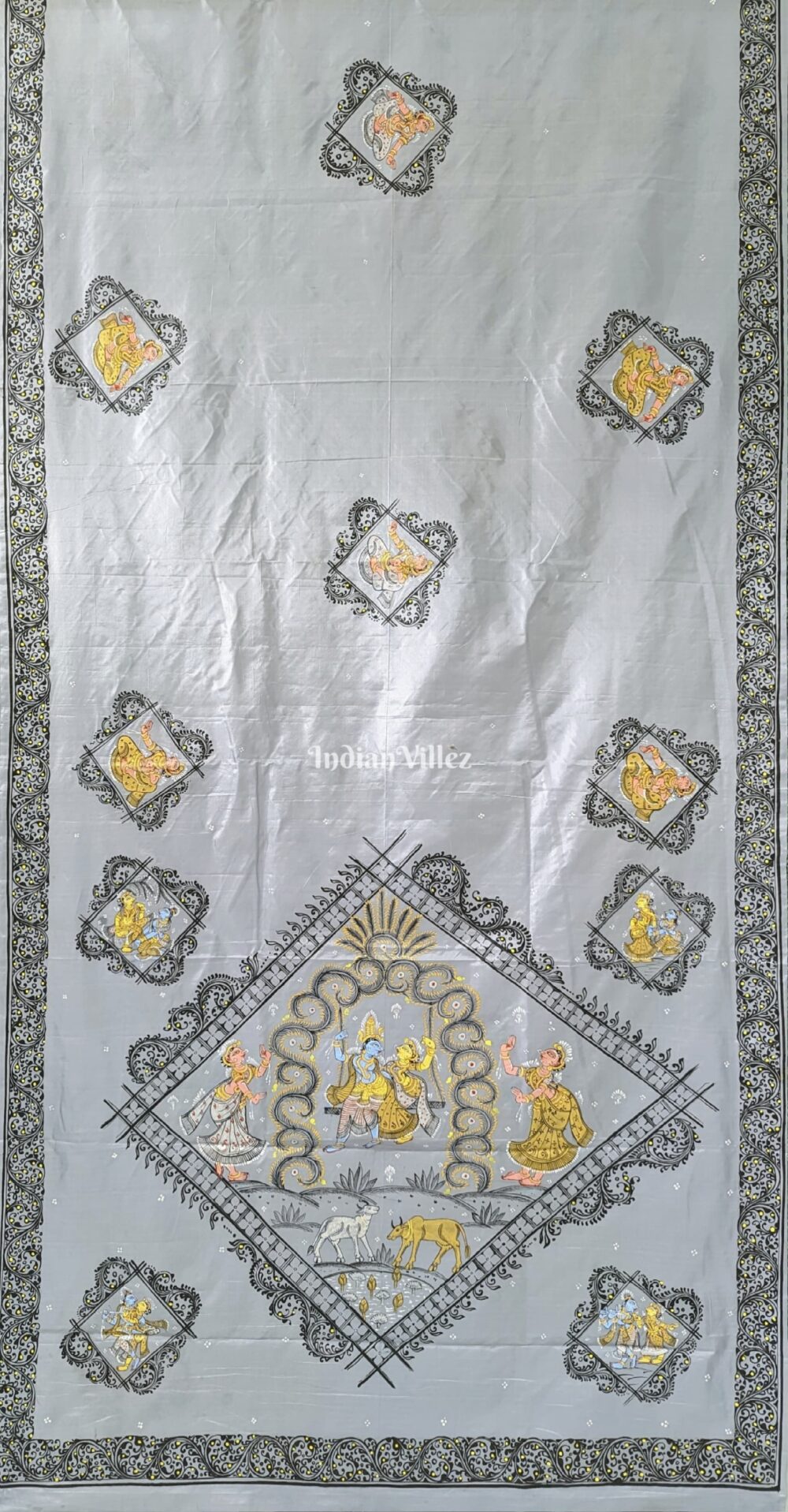 Gray Radha Krishna Hand-Painted Pattachitra Saree