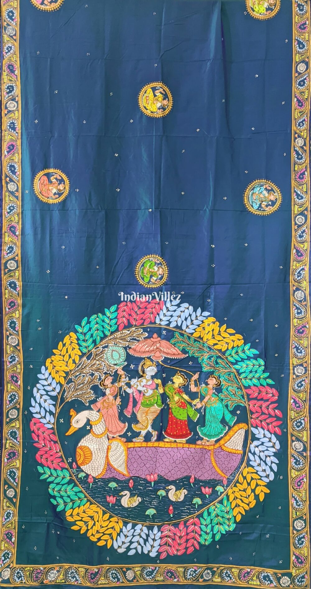 Peacock Blue Radha Krishna Boita Rasa Hand-Painted Pattachitra Saree