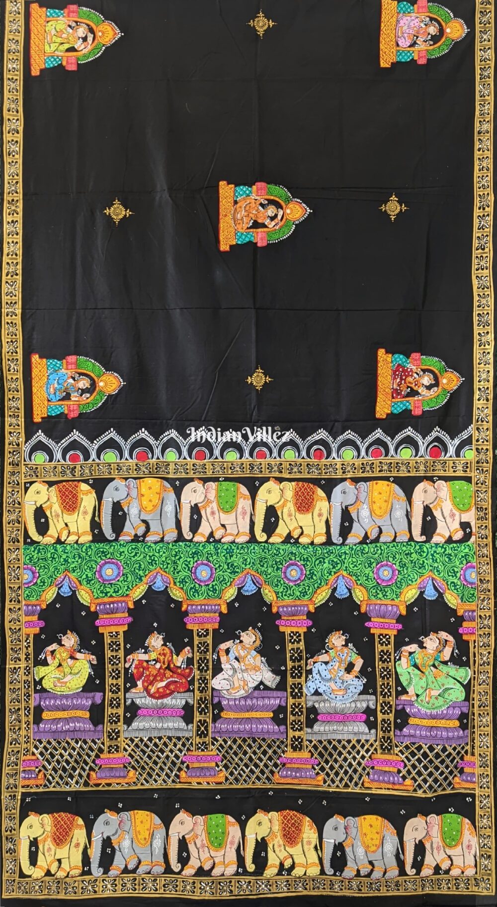 Black Elephant & Shringar Ras Hand-Painted Pattachitra Saree