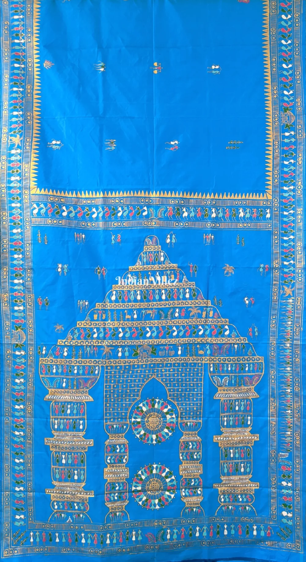 Copper Sulphate Tribal Art Konark Temple Hand-Painted Pattachitra Saree