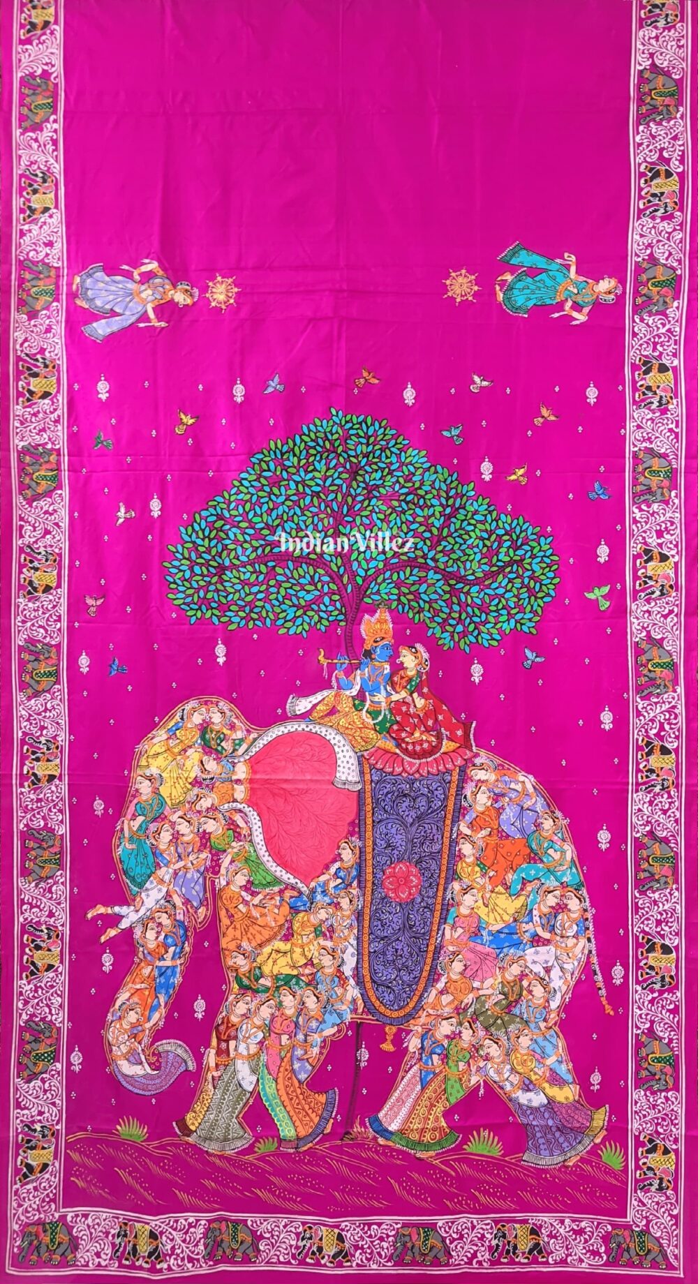 Pink Kandarpa Hati (Elephant) Hand-Painted Pattachitra Saree