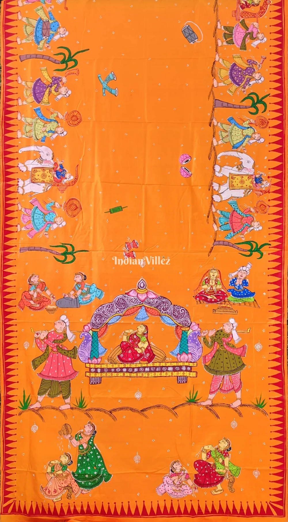 Orange Color Doli Barat Theme Pattachitra Art Silk Saree