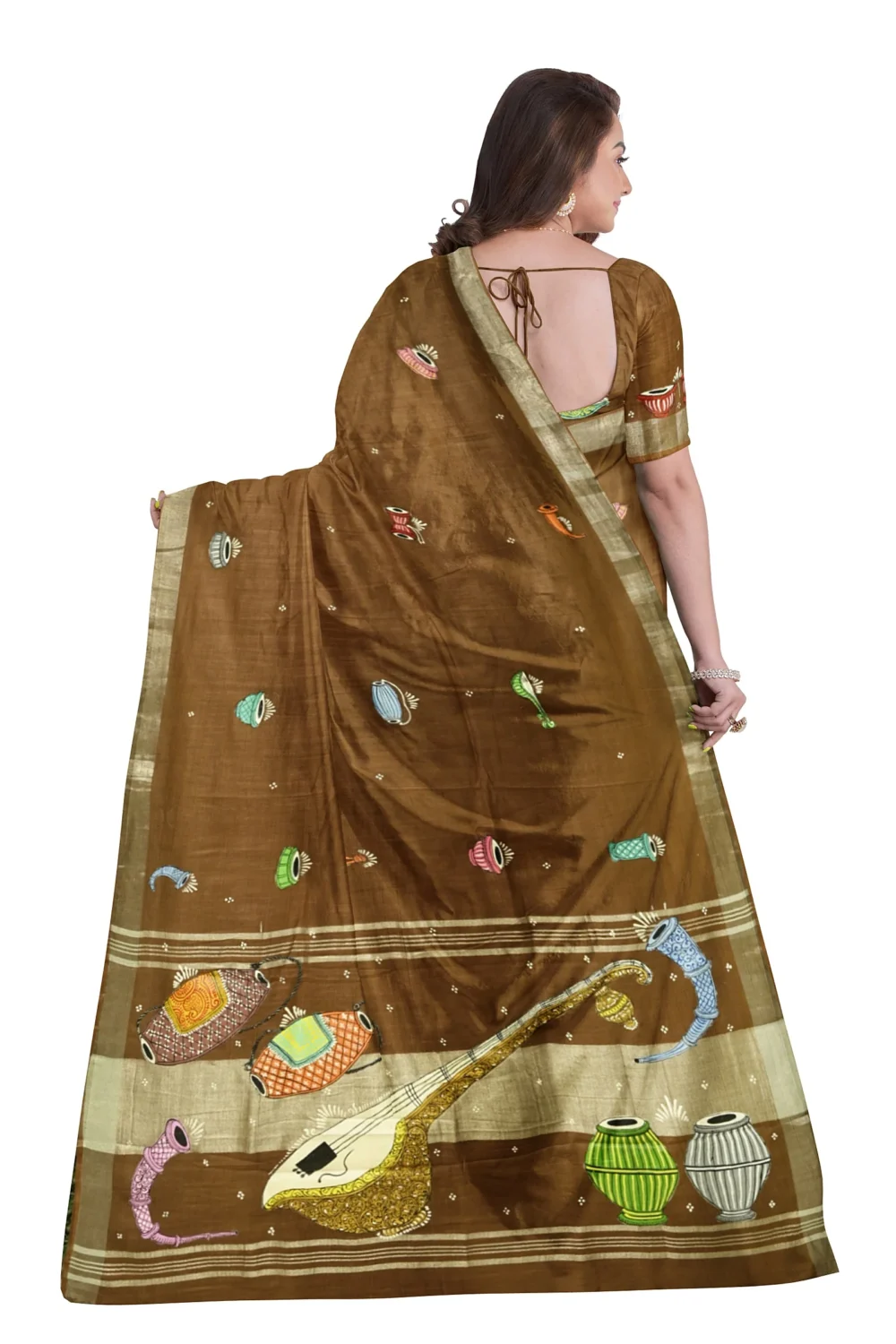 Caramel Musical Theme Hand-Painted Pattachitra Saree