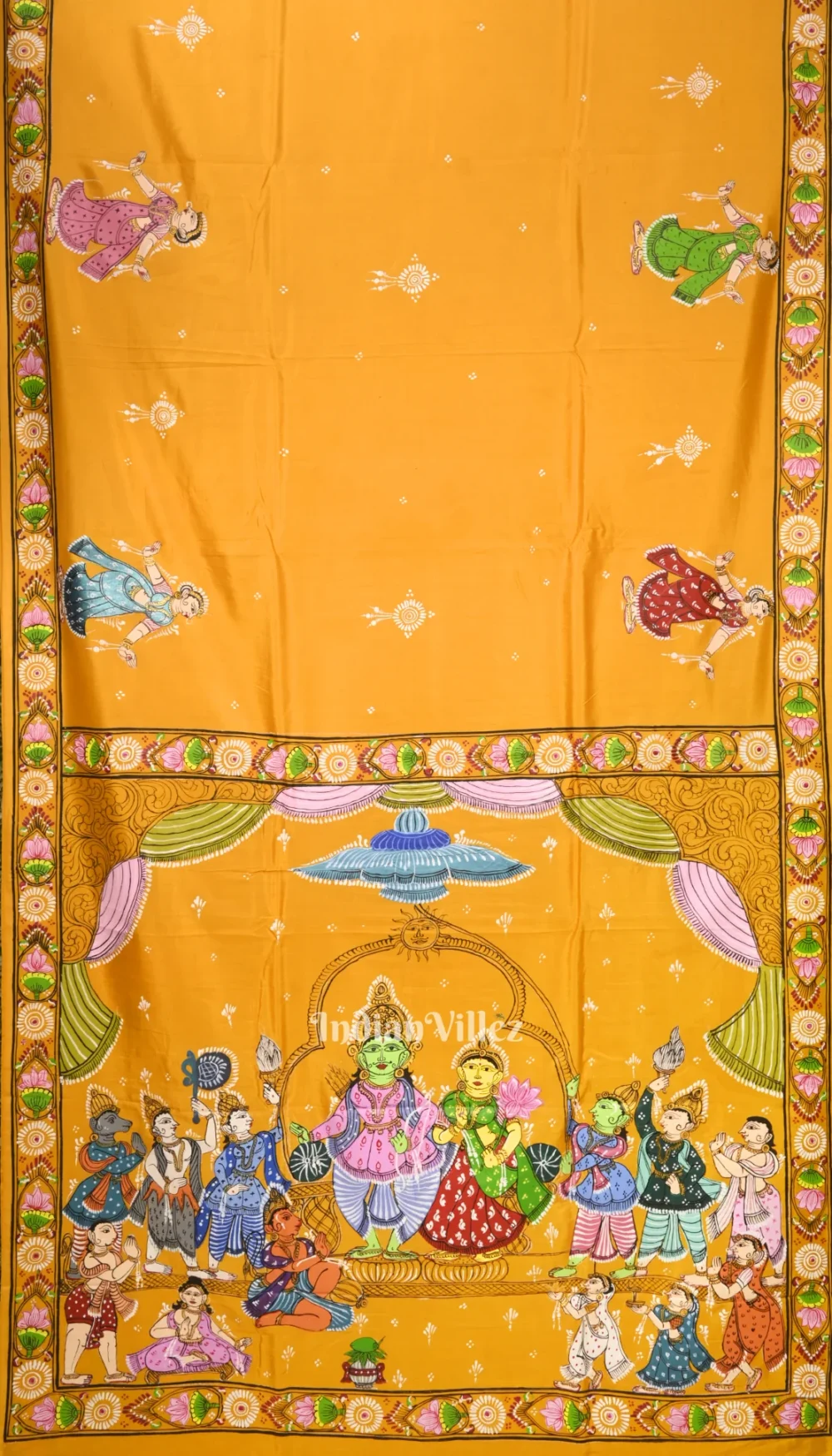 Yellow Ramayana Theme Hand-Painted Pattachitra Saree