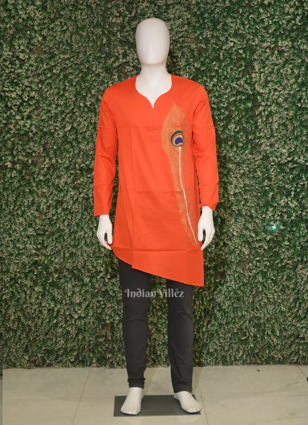 Orange Peacock Theme Hand-Painted Pattachitra Kurta