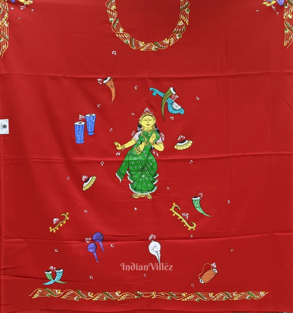 Red Nartaki Musical Theme Pattachitra Kurti Cotton Dress Material