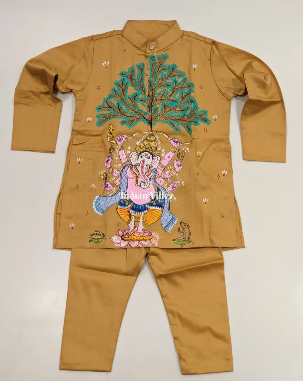 Saffron Yellow Boys Ganesh Theme Pattachitra Kids Kurta & Pyjama Set