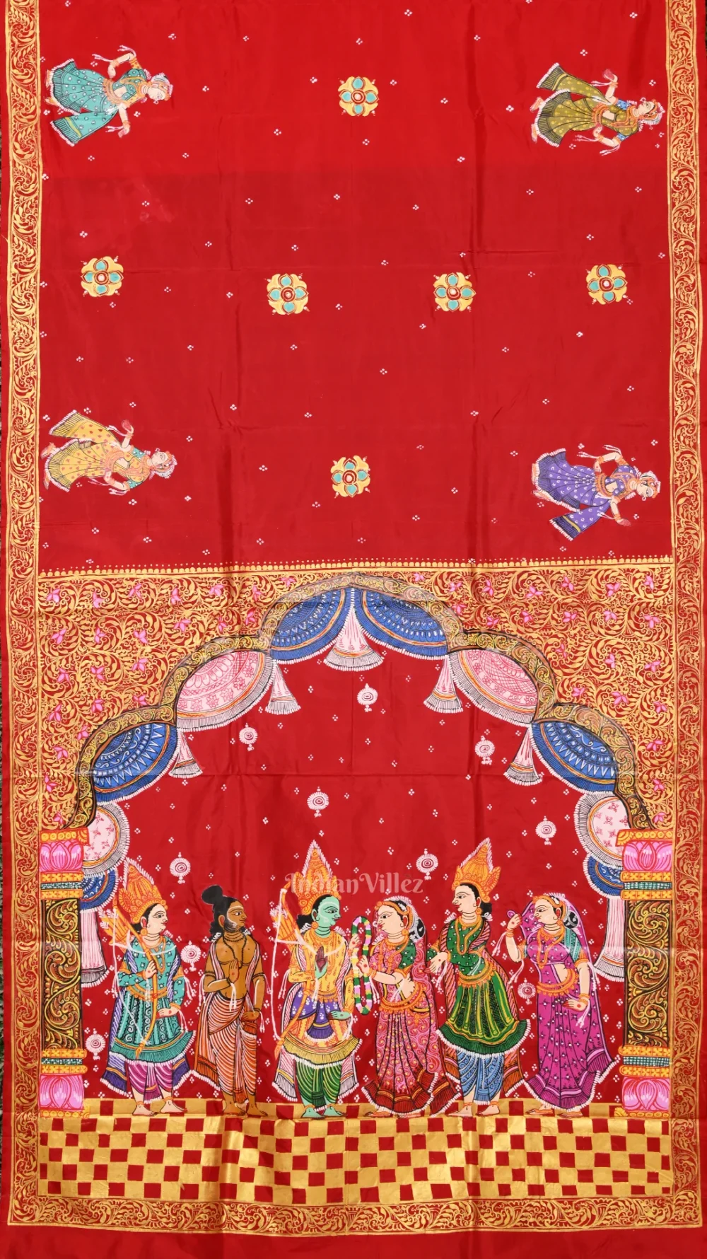 Red Seeta Vivah Hand-Painted Pattachitra Saree