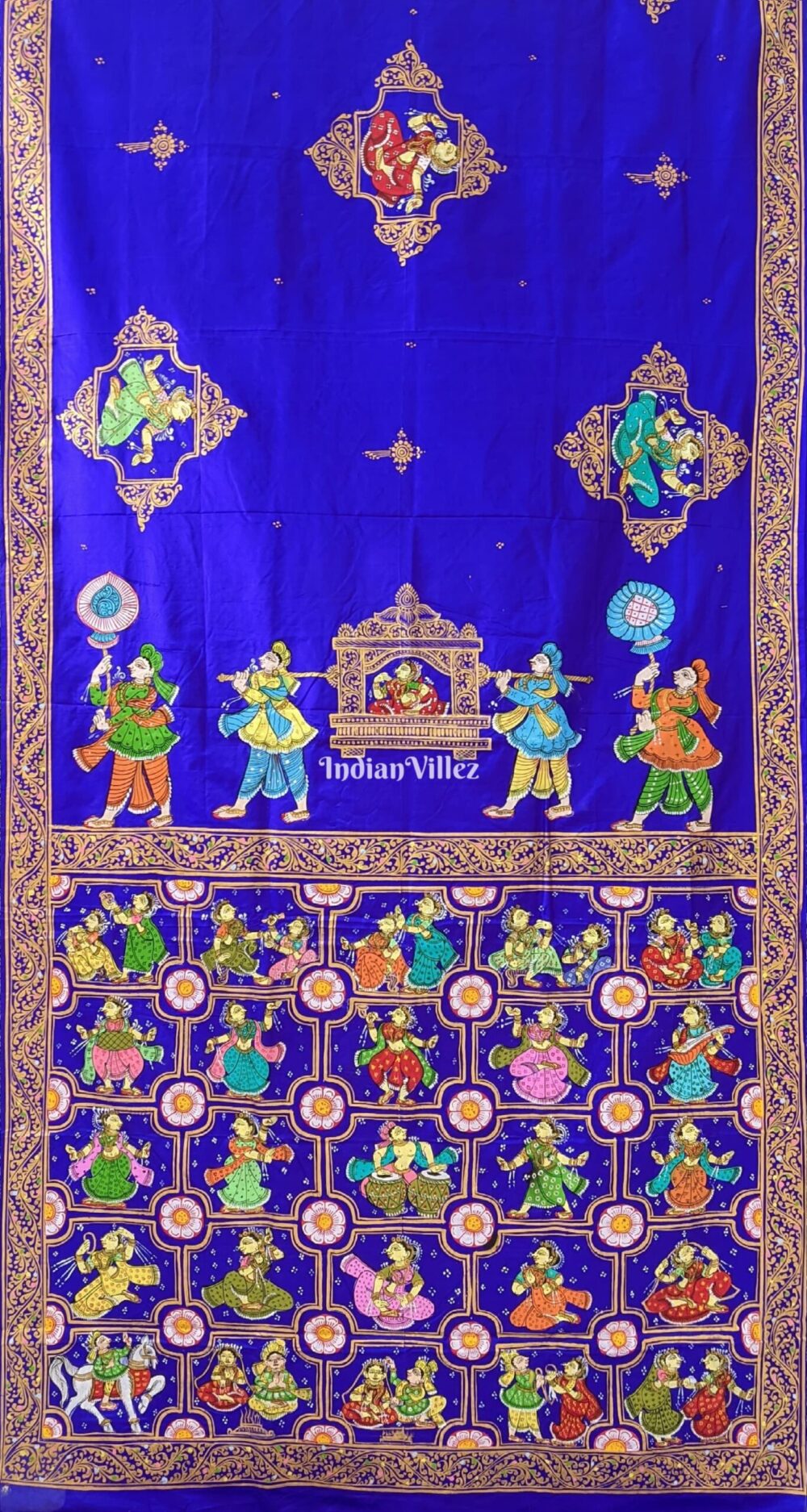 Blue Marriage Theme Hand-Painted Pattachitra Saree