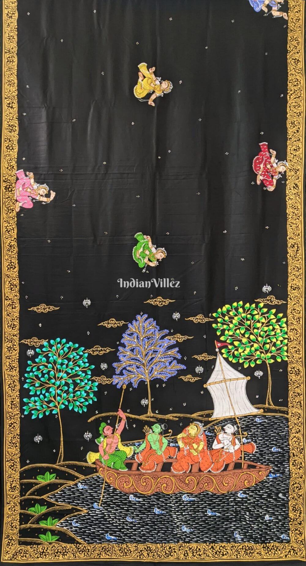 Black Ramayana Theme Hand-Painted Pattachitra Saree