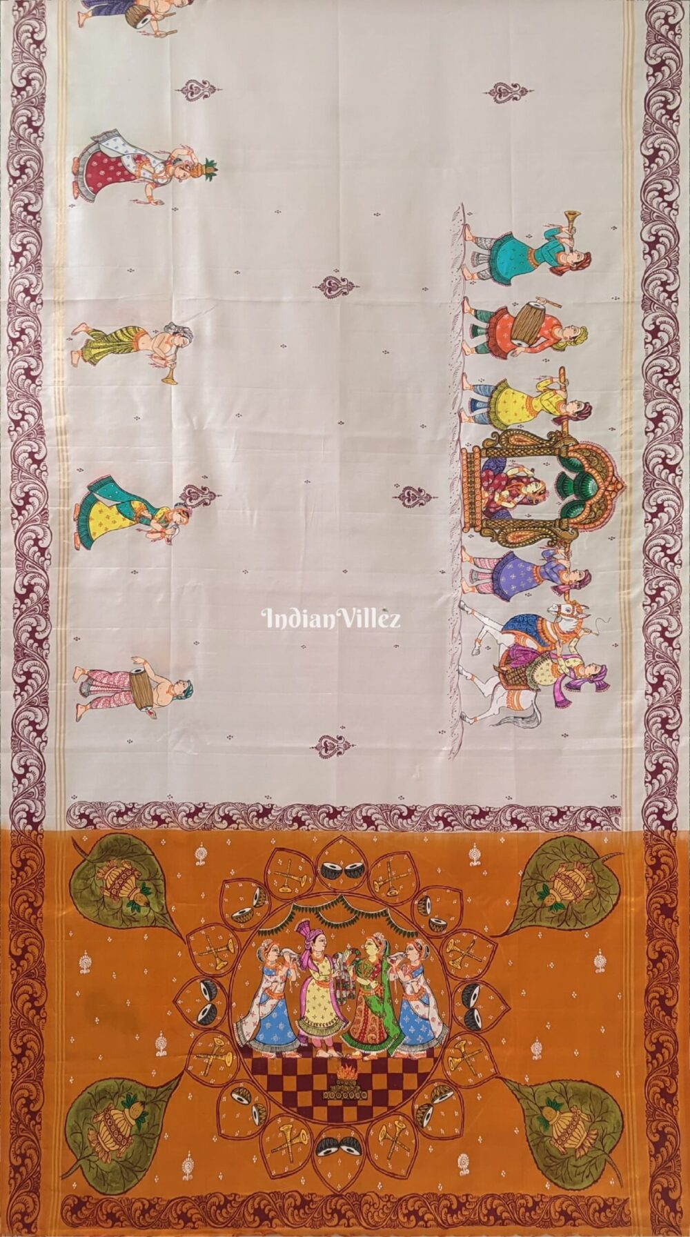 Red Mustard Yellow Marriage Theme Hand-Painted Pattachitra Saree