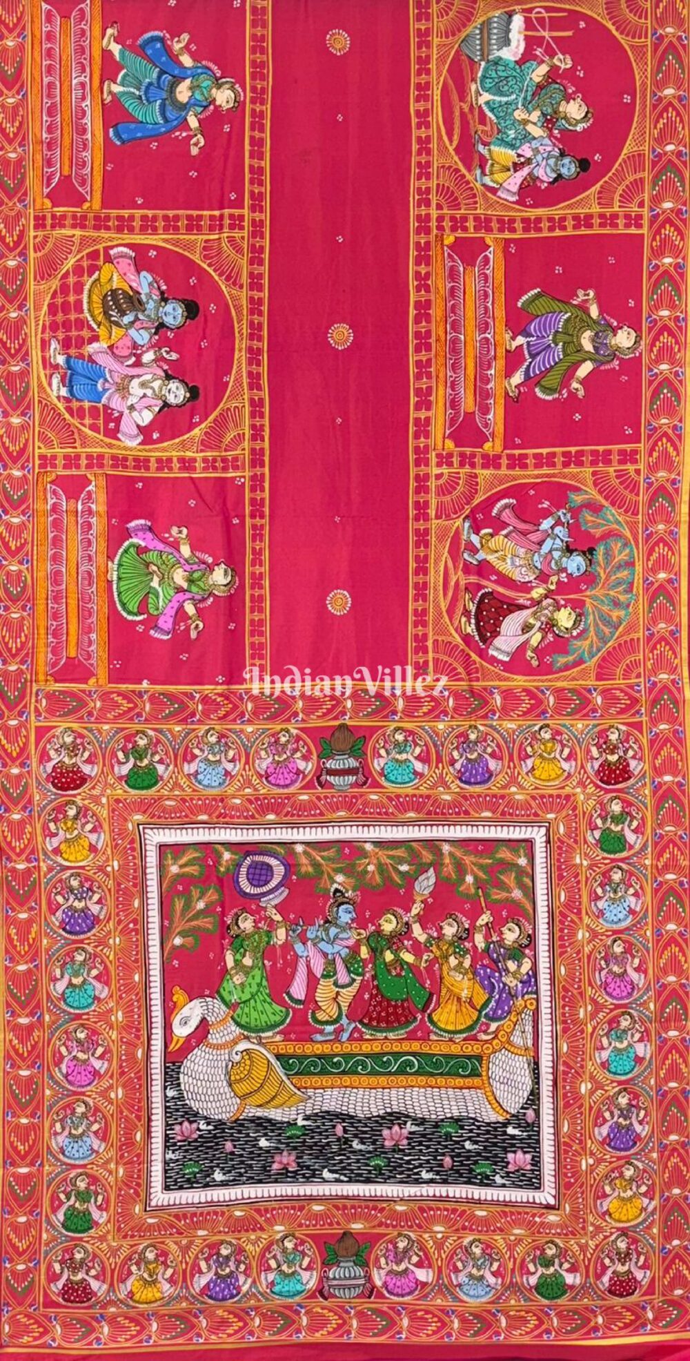 Rani Boita Krishna Raslila Hand-Painted Pattachitra Saree
