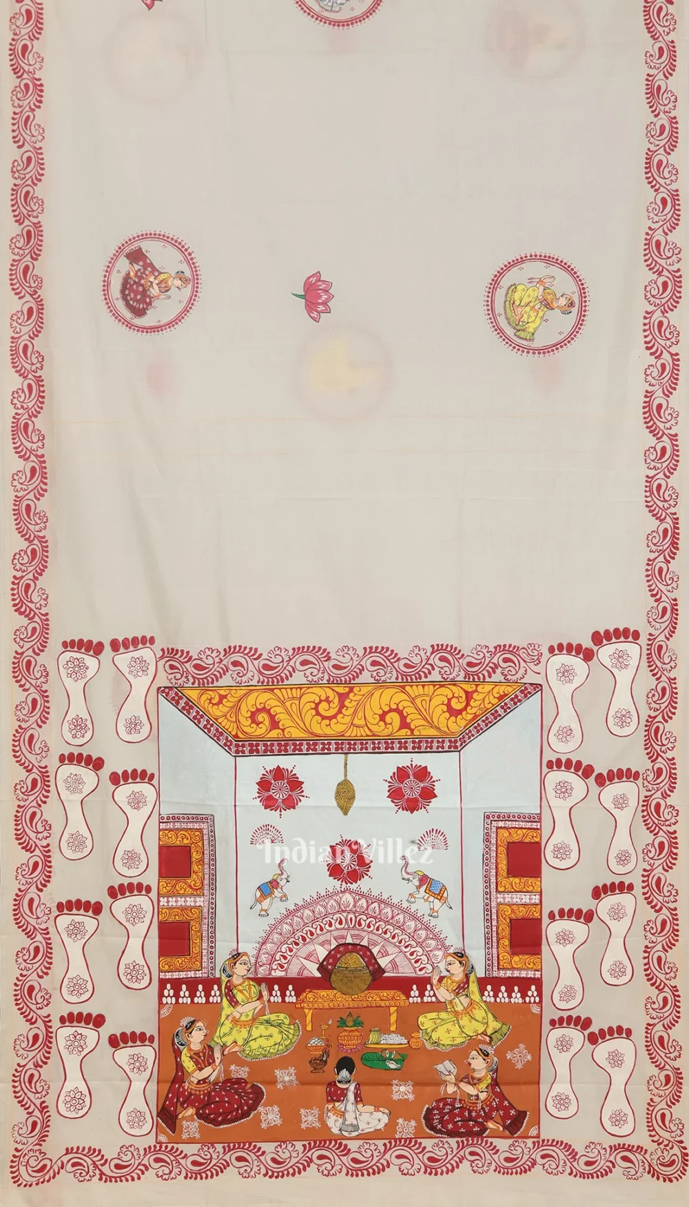 White Maa Laxmi Gurubara Manabasa Theme Hand-Painted Pattachitra Saree