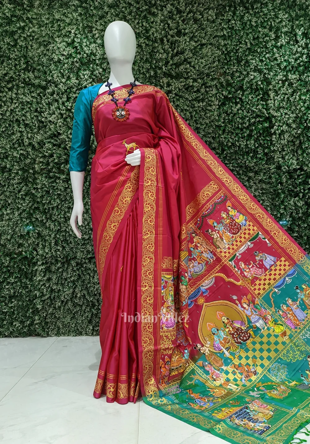 ed with Sea Green Ramayana Theme Hand-Painted Pattachitra Saree