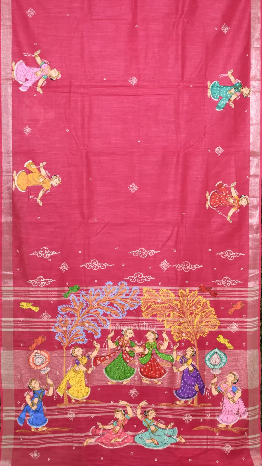 Rani Pink Raja Doli Theme Hand- Painted Pattachitra Saree