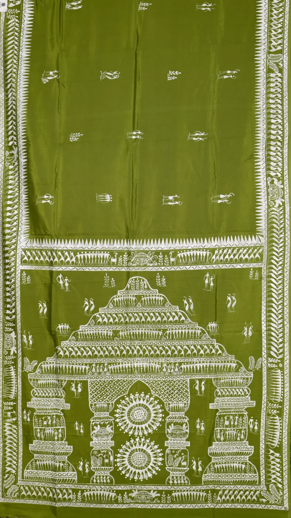 Mehendi Green Tribal Art Konark Temple Hand-Painted Pattachitra Saree