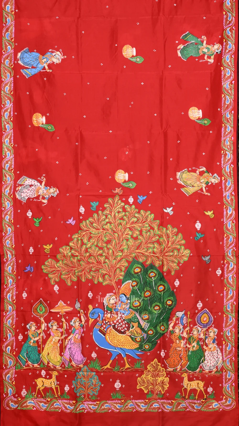 Red with Coffee Rasaleela Theme Hand-Painted Pattachitra Saree