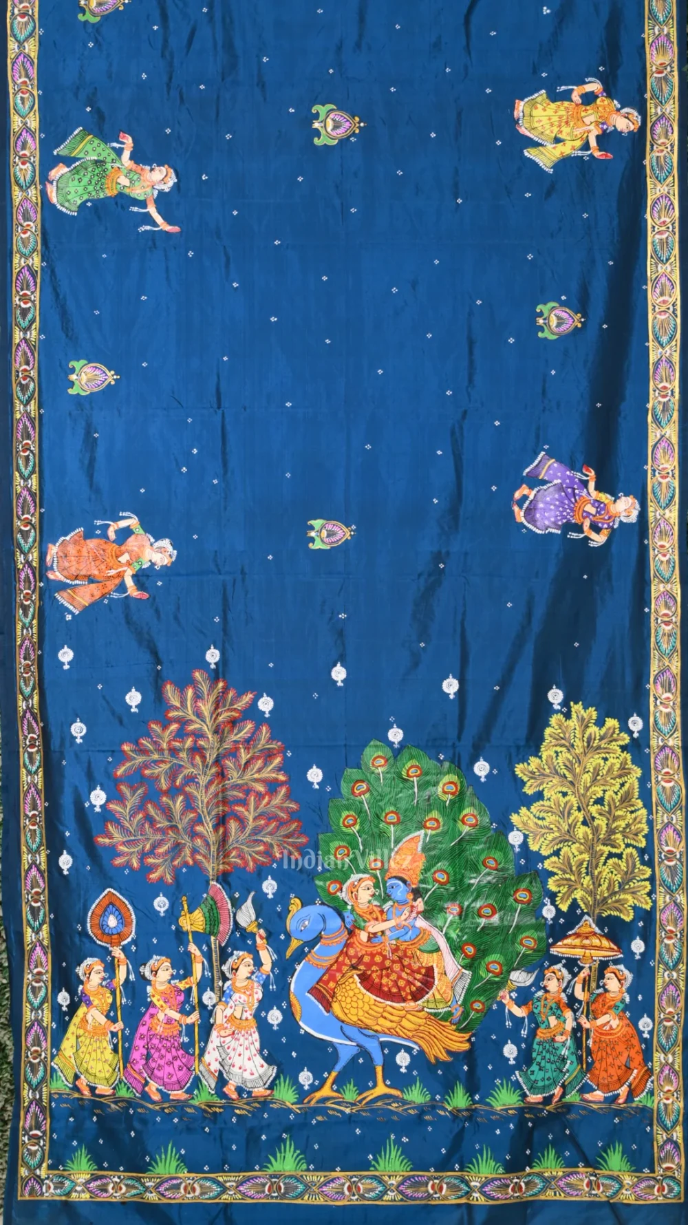 Blue Red Radha Krishna Peacock Design Hand-Painted Pattachitra Saree
