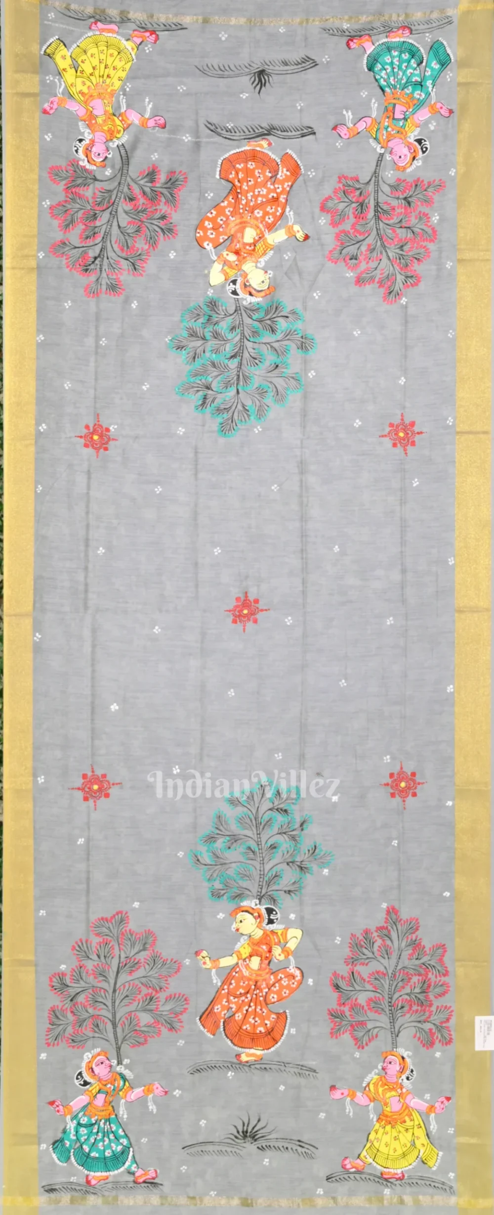 Cement Gray Nartaki Hand-Painted Pattachitra Chanderi Dupatta