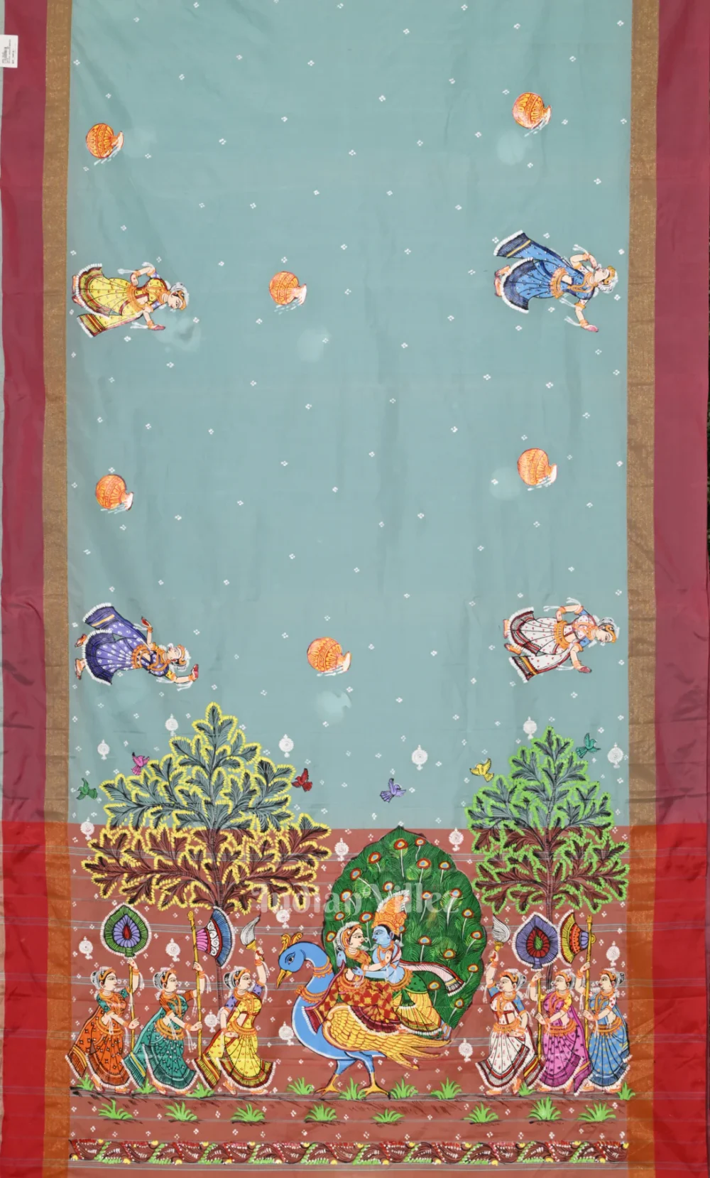 Light Blue Red peacock (Mayur) & Nartaki Theme Pattachitra Saree