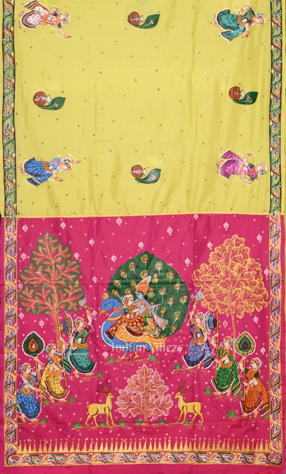 Yellow Pink PEACOCK (Mayur) Radha Krishna Theme Hand-Painted Pattachitra Saree