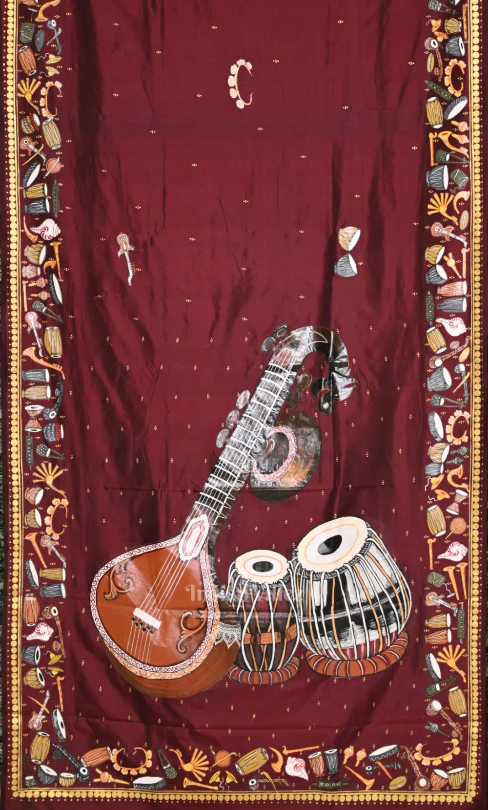 Maroon Sitar Instrument with Tabla Pattachitra Saree
