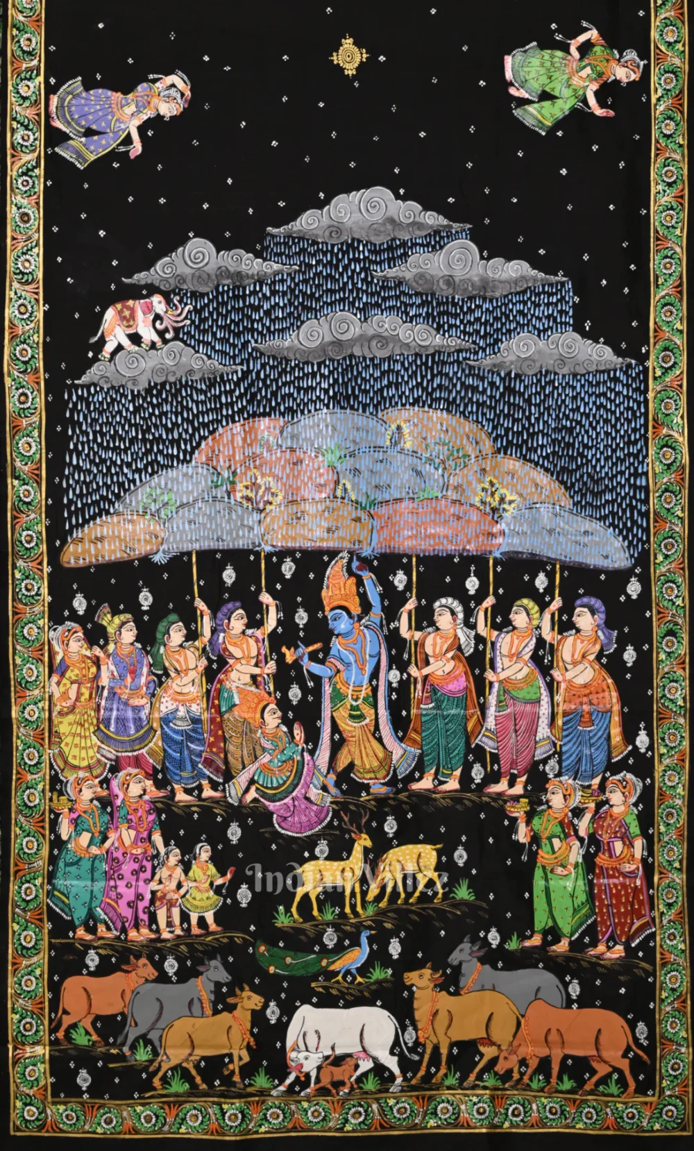Black Giri Govardhan Hand-Painted Pattachitra Saree