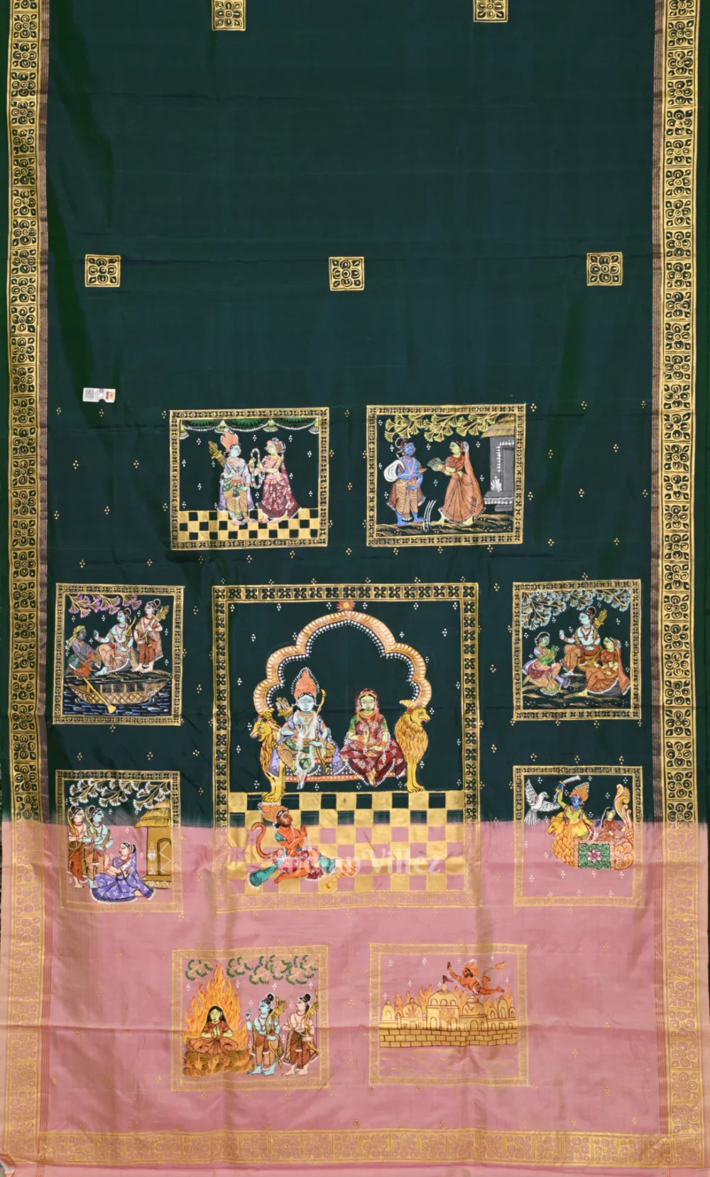 Bottle Green Pink Ramayan Hand- Painted Pattachitra Saree