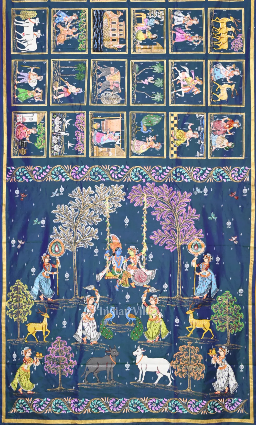 Blue Yellow Krishna Raas Hand- Painted Pattachitra Saree