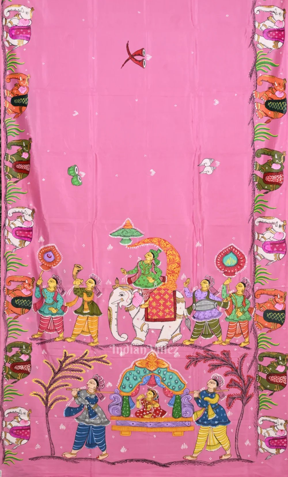 Pink Doli Barat Theme Hand-Painted Pattachitra Saree