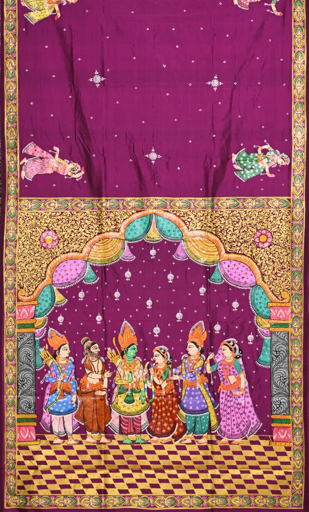 Purple Wine Ramayan Theme Hand-Painted Pattachitra Saree