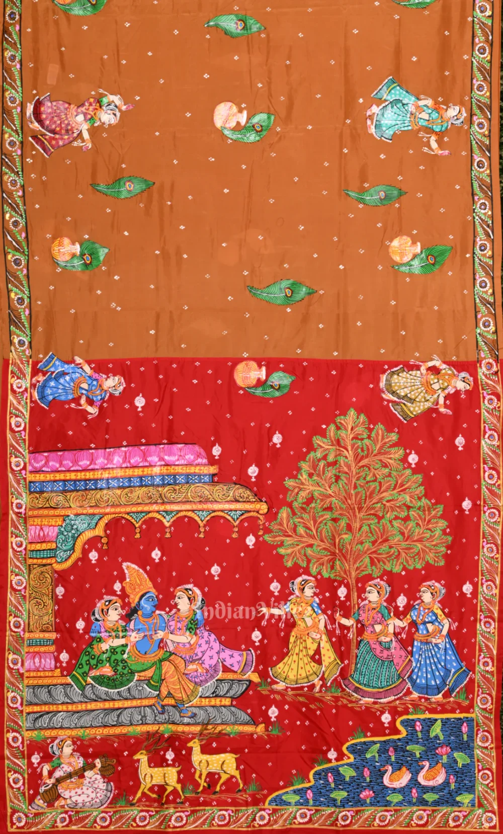 Golden Yellow Red Krishna Raas Leela Hand- Painted Pattachitra Saree