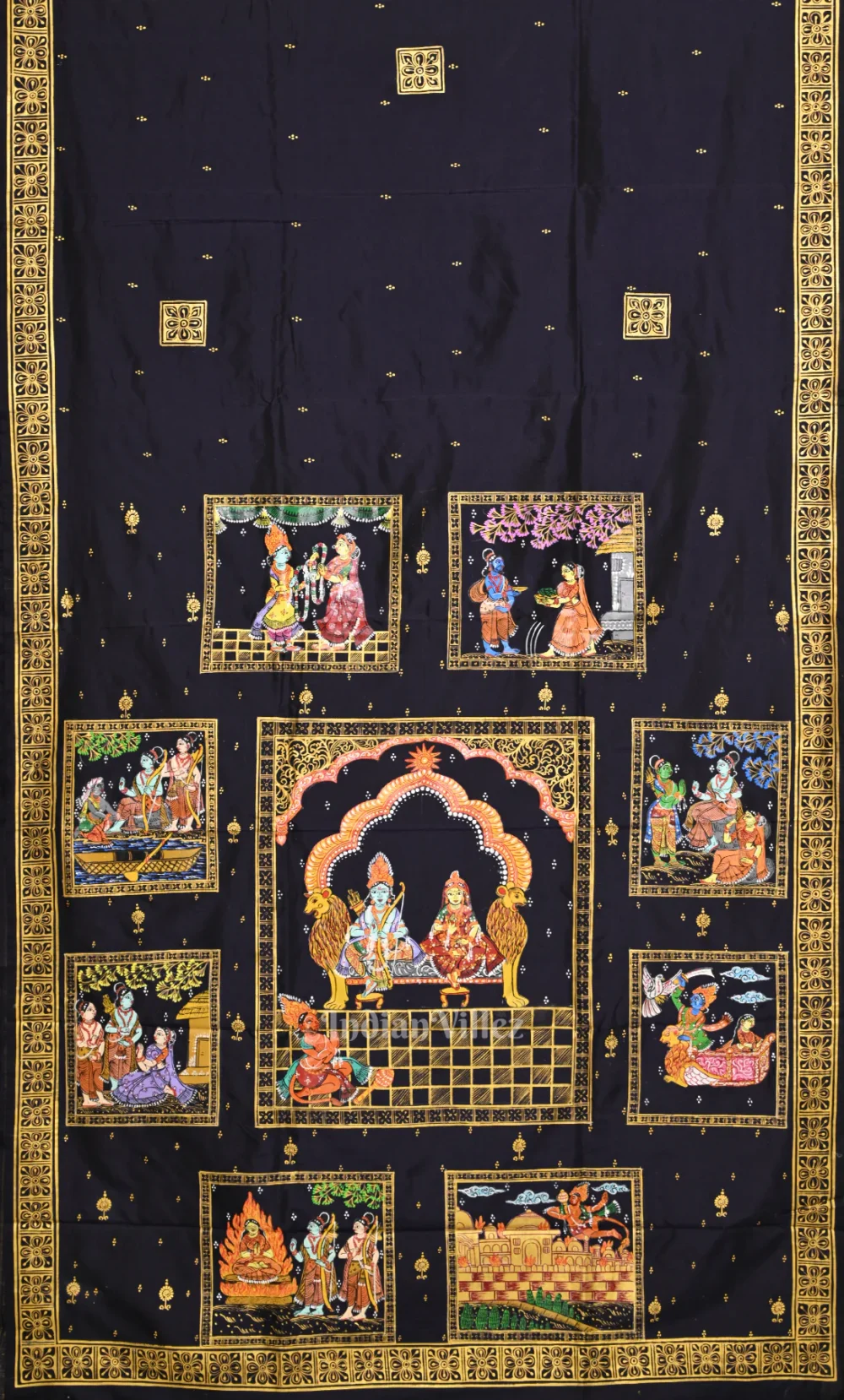 Navy Blue Ramayan Theme Pattachitra Saree