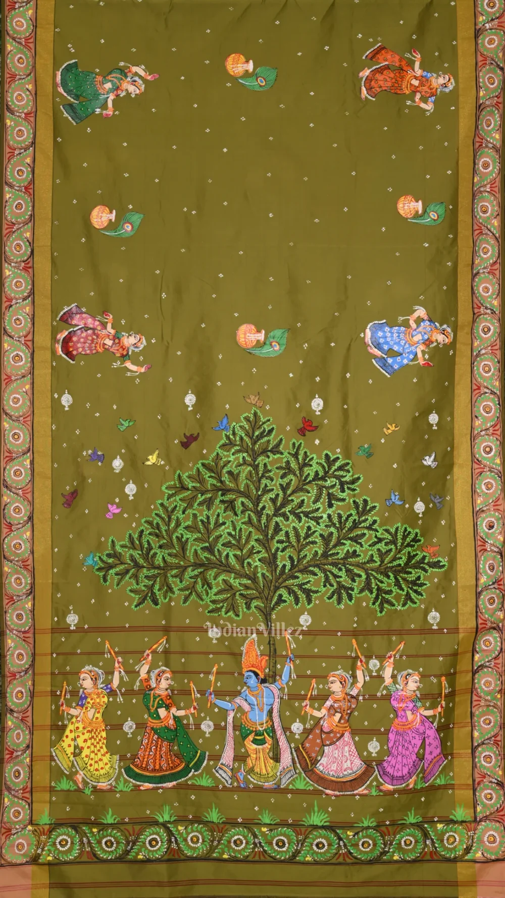 Mehendi Green Krishna Hand-Painted Pattachitra Saree