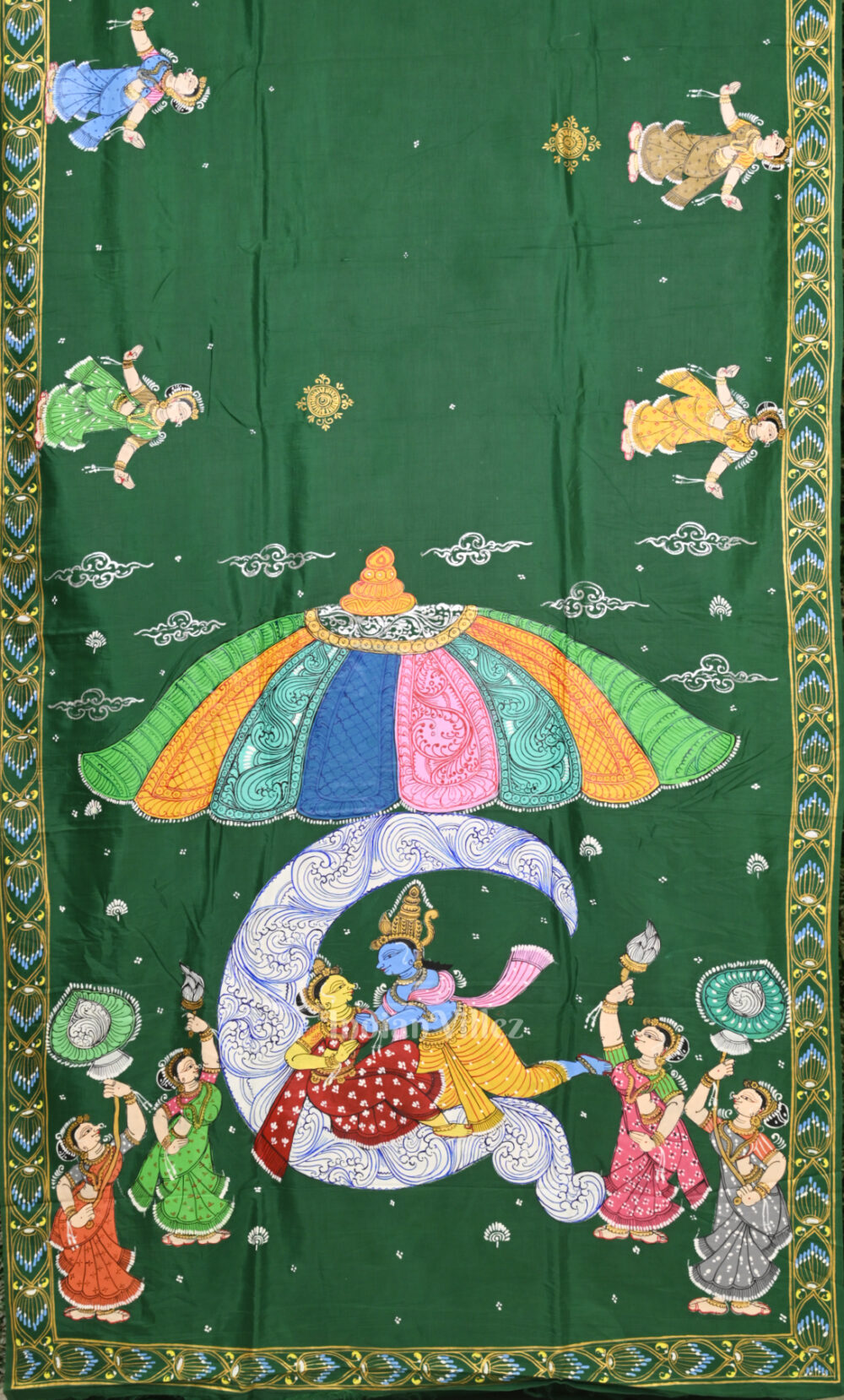 Green Ardha Chandra Hand-Painted Pattachitra Saree