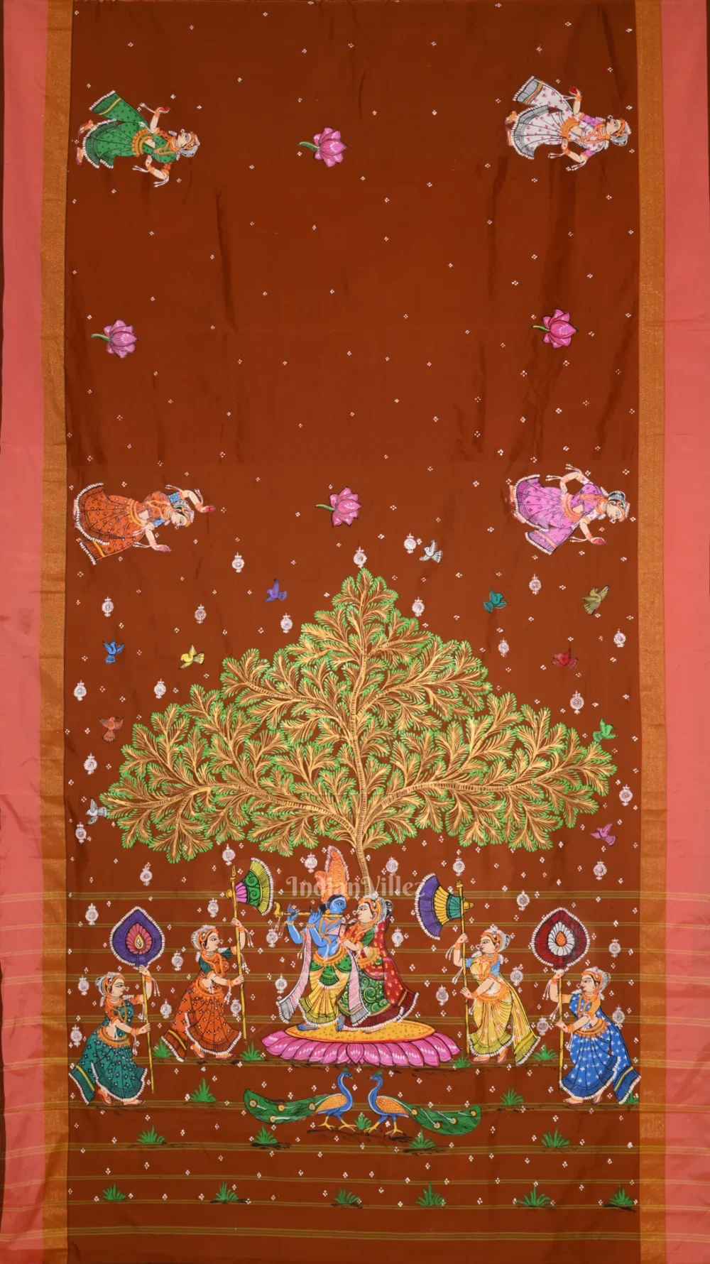 Brown Radha Krishna Raas Leela Hand-Painted Pattachitra Saree