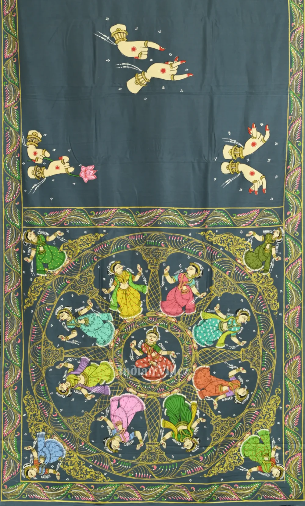 Grey Nartaki Mudra Hand-Painted Pattachitra Silk Saree