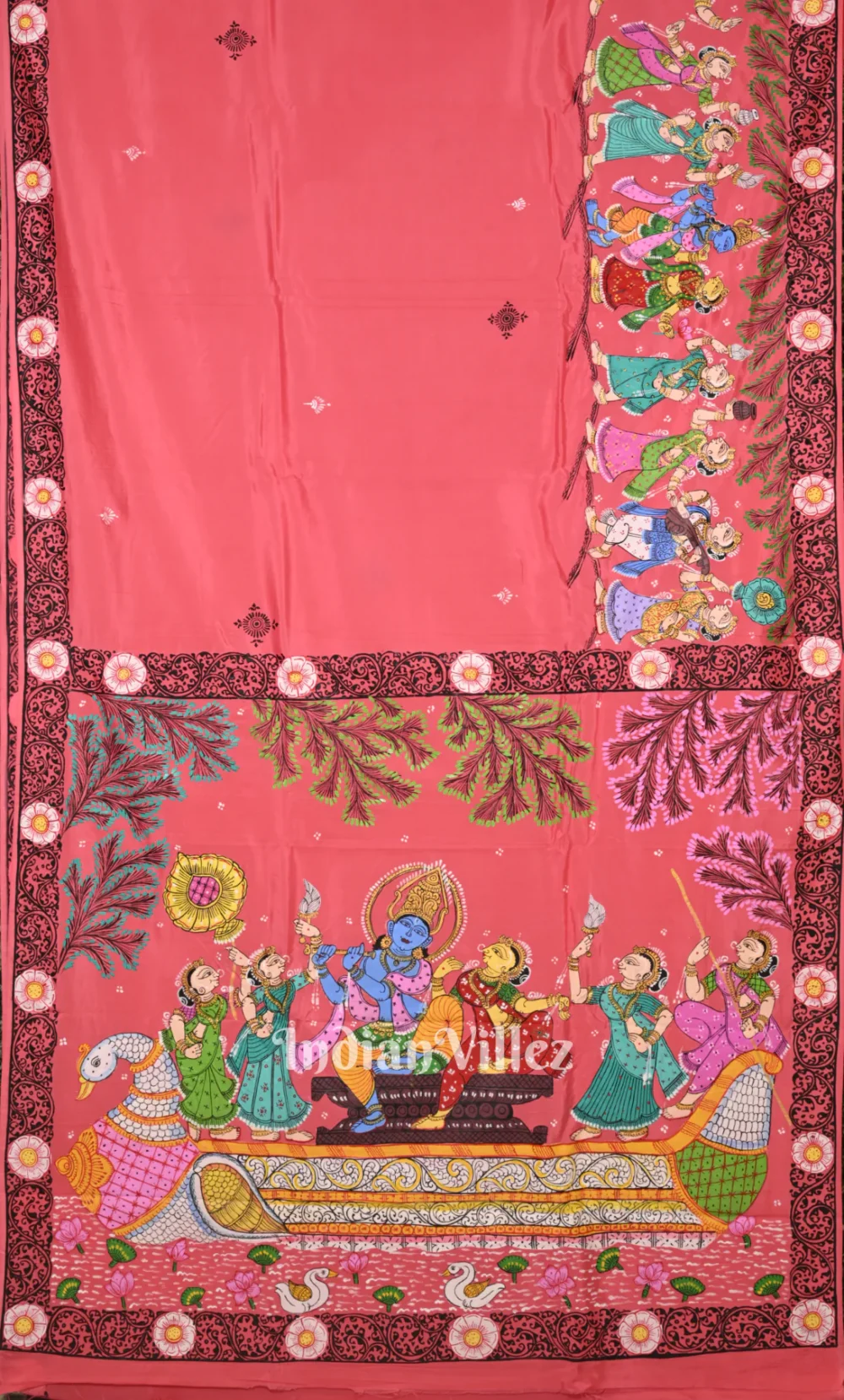 Peach Radha Krishna Boita Bandana Hand-Painted Pattachitra Saree