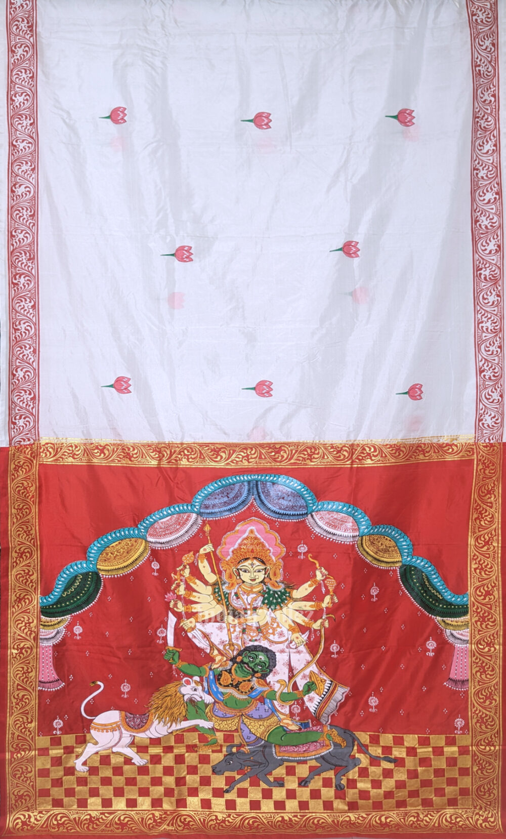 White Red Durga Puja Theme Hand-Painted Pattachitra Saree